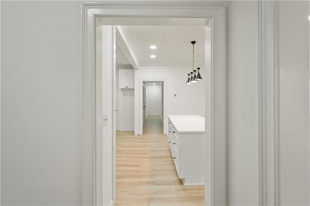 3649 Peachtree Rd NE Unit 305, Atlanta, GA 30319 - corridor featuring light wood-style flooring, ornamental molding, recessed lighting, and baseboards
