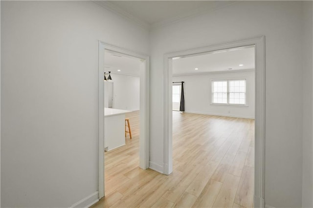 3649 Peachtree Rd NE Unit 305, Atlanta, GA 30319 - corridor featuring ornamental molding, light wood-style flooring, baseboards, and recessed lighting