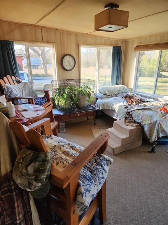 carpeted bedroom with wooden walls