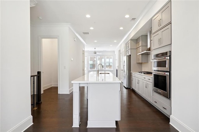 kitchen featuring sink, stainless steel appliances, dark hardwood / wood-style flooring, and a kitchen island with sink