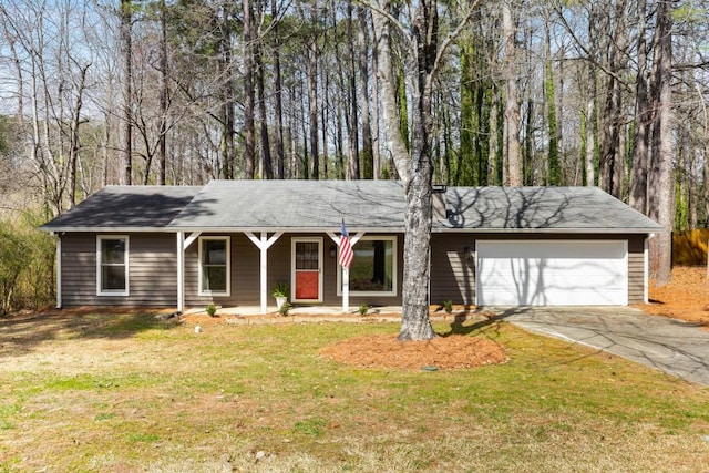 single story home featuring a front lawn, an attached garage, covered porch, and concrete driveway