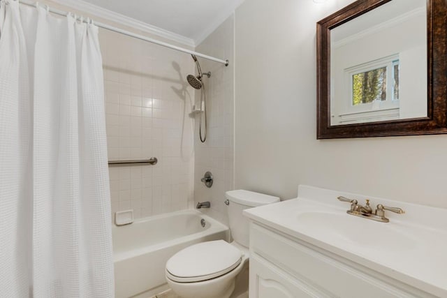 full bathroom featuring vanity, toilet, crown molding, and shower / bath combination with curtain