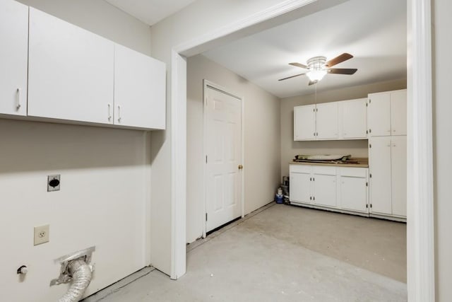 clothes washing area featuring cabinet space, hookup for an electric dryer, and a ceiling fan