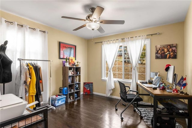 office with a ceiling fan, baseboards, and wood finished floors