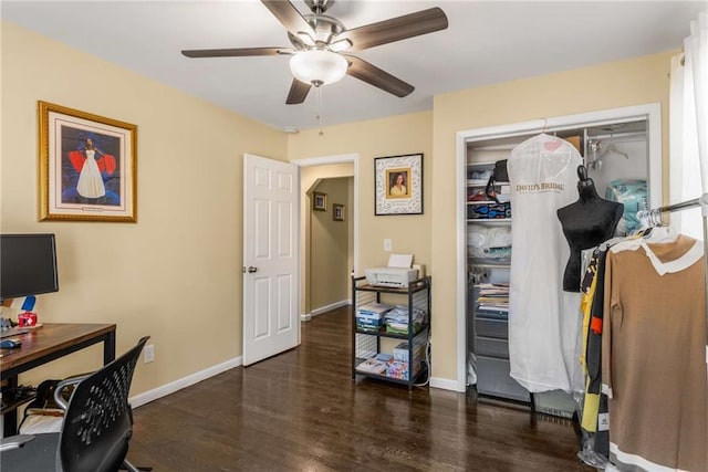 office featuring wood finished floors, a ceiling fan, and baseboards