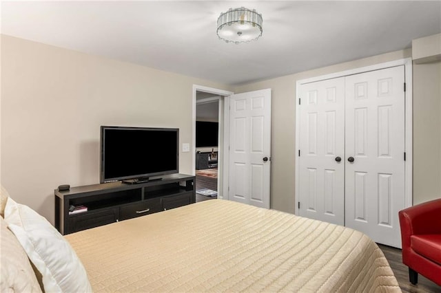 bedroom featuring dark wood-style floors and a closet