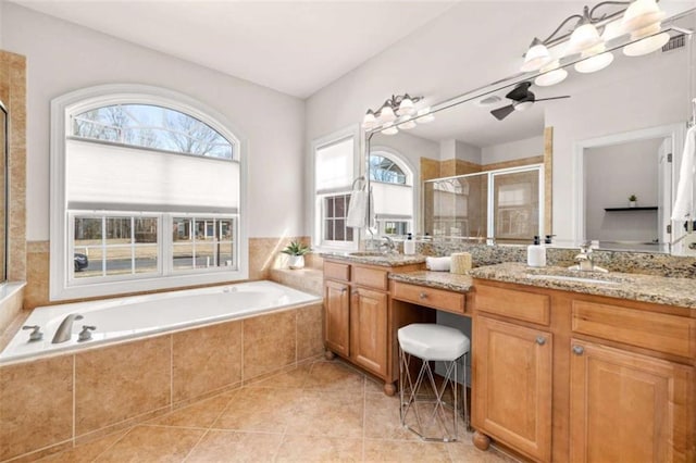 bathroom with vanity, ceiling fan, tile patterned floors, and separate shower and tub