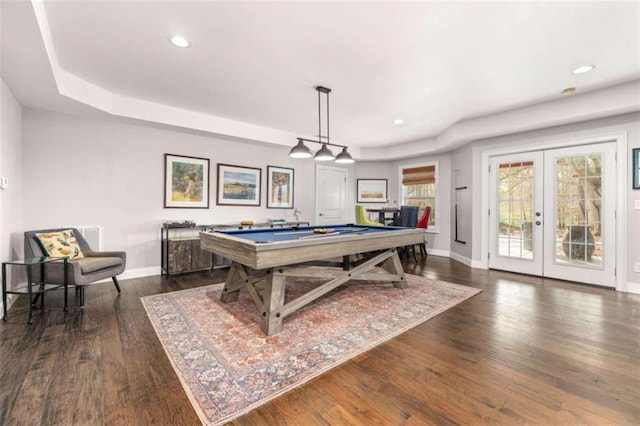 game room featuring french doors, pool table, and dark hardwood / wood-style floors