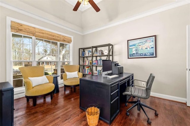 home office with crown molding, dark hardwood / wood-style floors, and ceiling fan