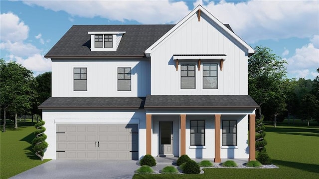 modern farmhouse featuring a porch, concrete driveway, an attached garage, board and batten siding, and a front yard