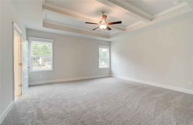 spare room featuring a tray ceiling, carpet flooring, and baseboards