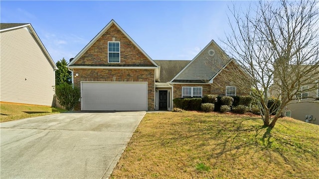 view of front of property featuring stone siding, driveway, and a front lawn