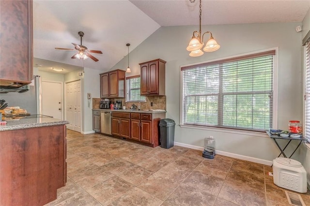 200 Wildwood Cir SE, Calhoun, GA 30701 - kitchen with lofted ceiling, a ceiling fan, decorative backsplash, decorative light fixtures, and a sink