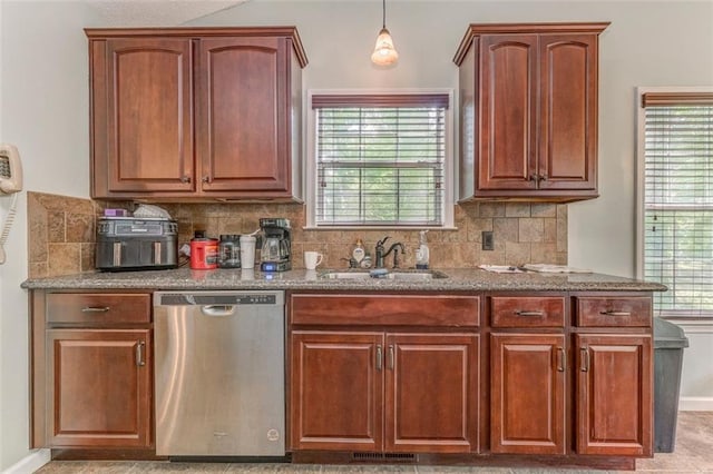 200 Wildwood Cir SE, Calhoun, GA 30701 - kitchen featuring stainless steel dishwasher, a sink, decorative backsplash, and stone counters