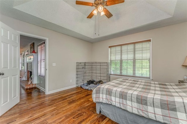 200 Wildwood Cir SE, Calhoun, GA 30701 - bedroom with wood finished floors, multiple windows, a textured ceiling, baseboards, and a tray ceiling