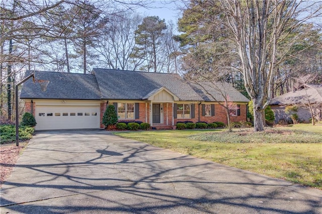 single story home with a garage and a front lawn