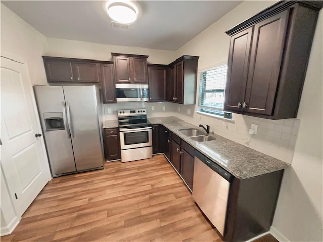 kitchen featuring backsplash, appliances with stainless steel finishes, a sink, dark brown cabinets, and light wood-type flooring