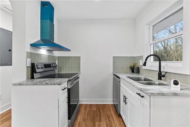 kitchen with white cabinetry, sink, wall chimney range hood, decorative backsplash, and appliances with stainless steel finishes