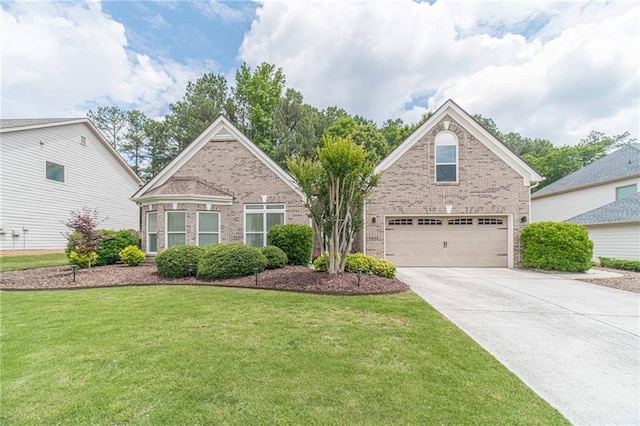 traditional-style house featuring brick siding, a front yard, driveway, and an attached garage