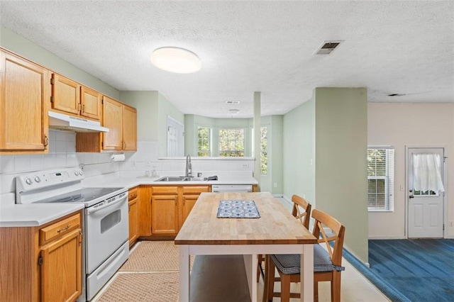 kitchen with a kitchen bar, a wealth of natural light, sink, and white appliances