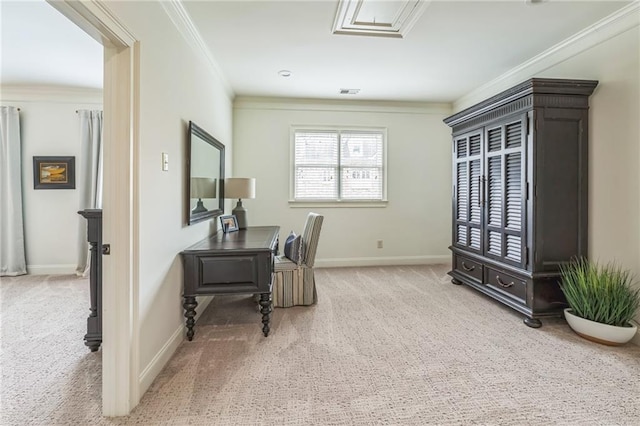 2313 Saint Davids Sq NW Unit 12, Kennesaw, GA 30152 - office area with carpet flooring, ornamental molding, baseboards, and attic access