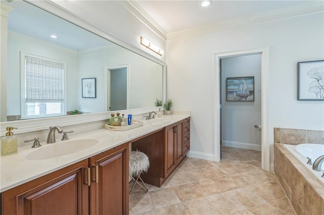 2313 Saint Davids Sq NW Unit 12, Kennesaw, GA 30152 - bathroom featuring ornamental molding, a bath, double vanity, and recessed lighting