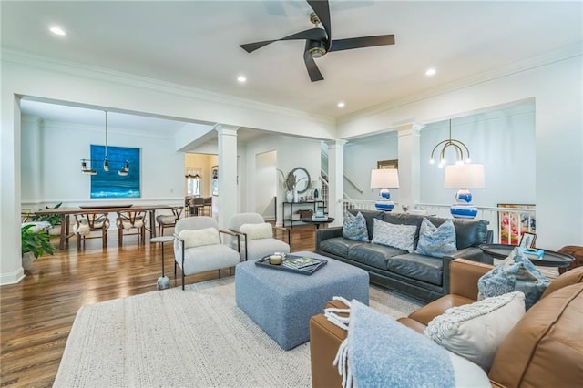 2313 Saint Davids Sq NW Unit 12, Kennesaw, GA 30152 - living room featuring decorative columns, a ceiling fan, wood finished floors, ornamental molding, and recessed lighting