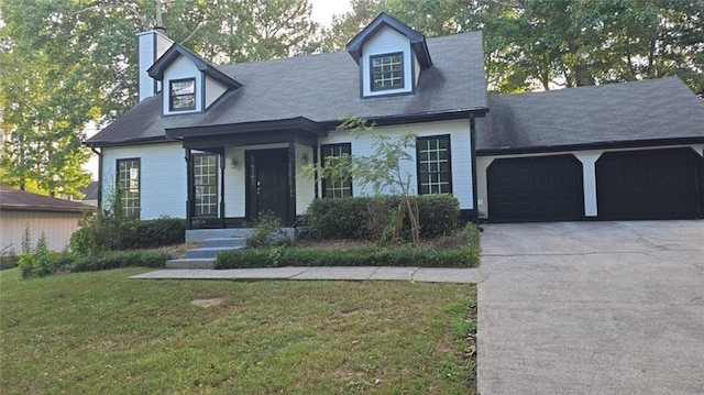 cape cod home featuring a garage, a front yard, driveway, and a chimney