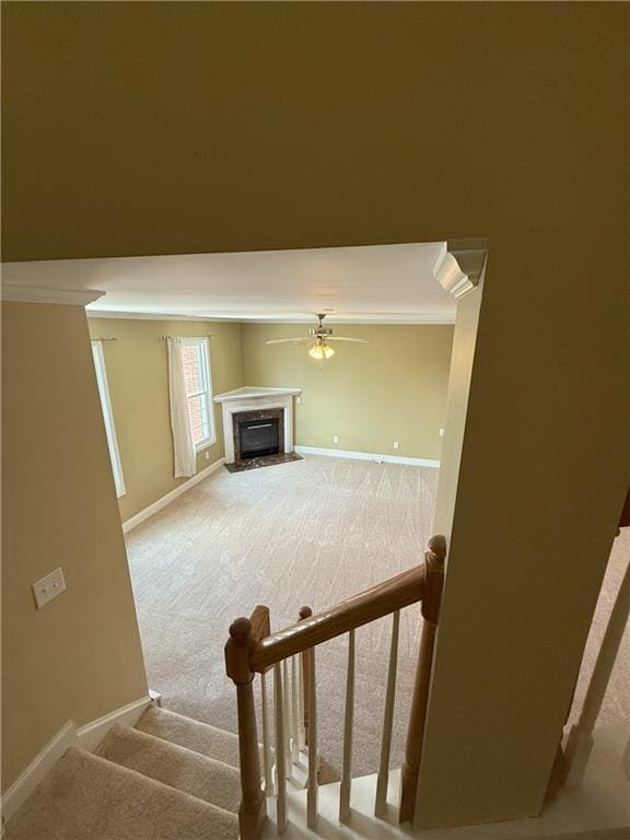 2895 Brandl Cove Ct Unit 4, Marietta, GA 30067 - stairway with carpet flooring, a premium fireplace, ornamental molding, and ceiling fan