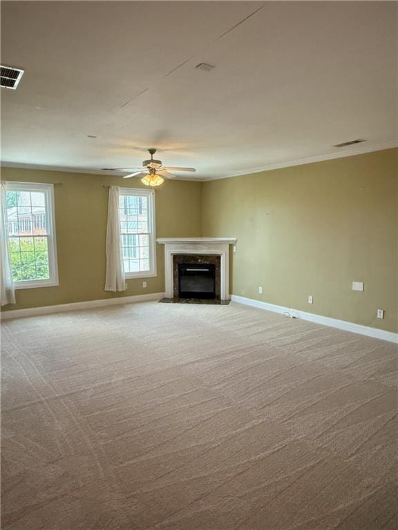 2895 Brandl Cove Ct Unit 4, Marietta, GA 30067 - unfurnished living room with a ceiling fan, a premium fireplace, light carpet, and crown molding