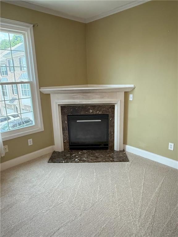2895 Brandl Cove Ct Unit 4, Marietta, GA 30067 - detailed view of a glass covered fireplace, crown molding, and carpet floors
