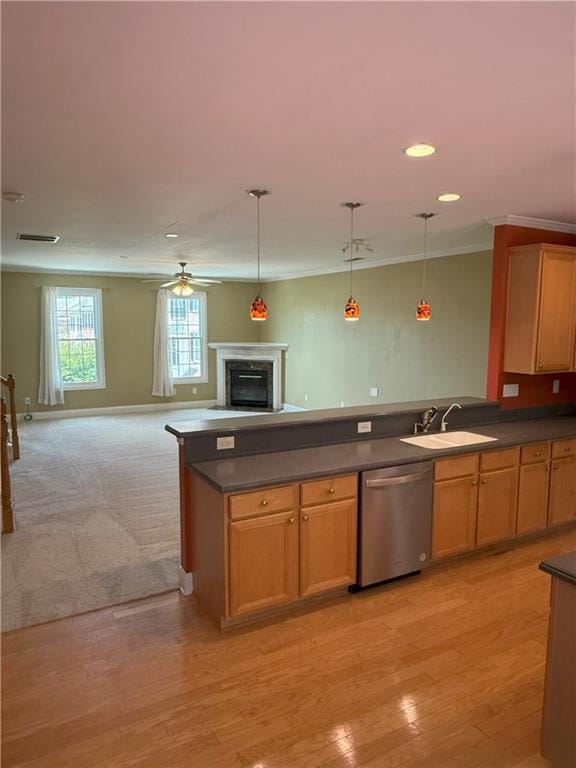 2895 Brandl Cove Ct Unit 4, Marietta, GA 30067 - kitchen with stainless steel dishwasher, dark countertops, a fireplace, open floor plan, and pendant lighting