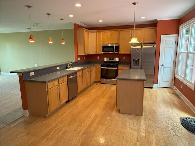 2895 Brandl Cove Ct Unit 4, Marietta, GA 30067 - kitchen with appliances with stainless steel finishes, light wood-style flooring, dark countertops, ornamental molding, and recessed lighting
