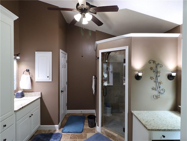 550 Sessingham Ct, Alpharetta, GA 30005 - bathroom featuring ceiling fan, a stall shower, and vanity