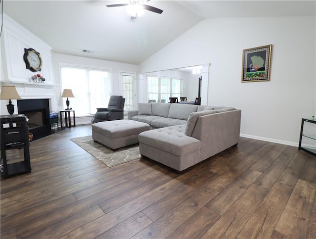 550 Sessingham Ct, Alpharetta, GA 30005 - living room featuring ceiling fan, dark wood-style floors, lofted ceiling, and a fireplace