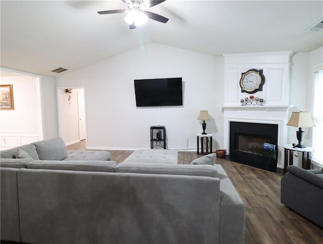 550 Sessingham Ct, Alpharetta, GA 30005 - living area featuring ceiling fan, dark wood-type flooring, vaulted ceiling, and a large fireplace