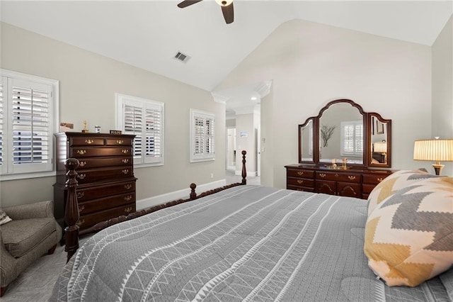 bedroom featuring a ceiling fan, visible vents, high vaulted ceiling, and baseboards