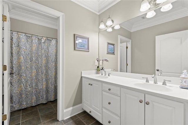 full bath featuring ornamental molding, tile patterned floors, a sink, and double vanity