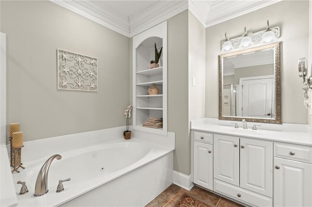 full bath with ornamental molding, tile patterned flooring, vanity, and a bath