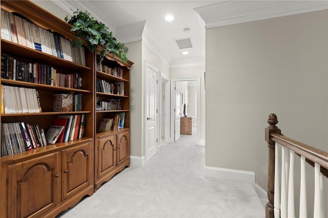 corridor with crown molding, recessed lighting, light colored carpet, an upstairs landing, and baseboards