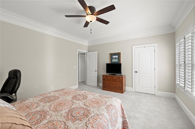 bedroom featuring ornamental molding, light carpet, and baseboards