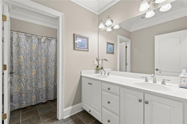 bathroom featuring ornamental molding, tile patterned floors, a sink, and double vanity