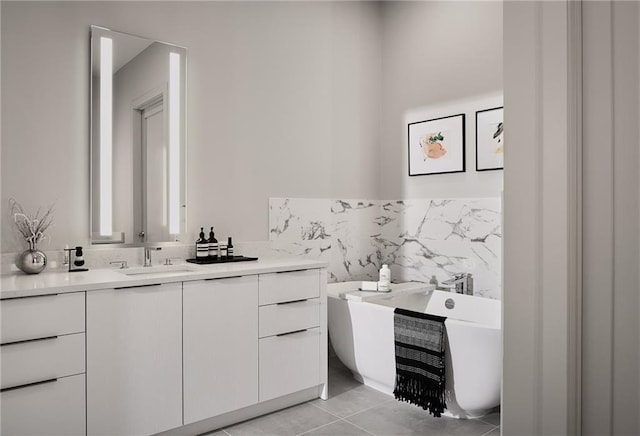 bathroom with tile patterned flooring, vanity, tile walls, and a washtub