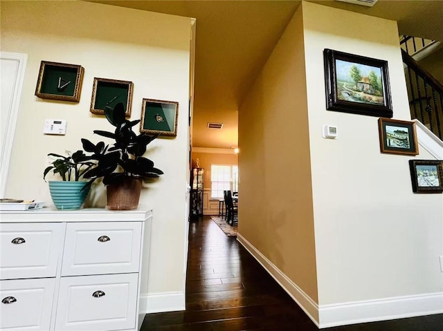 2579 Wimberley Pine Ct, Dacula, GA 30019 - corridor with baseboards, dark wood-type flooring, and stairway