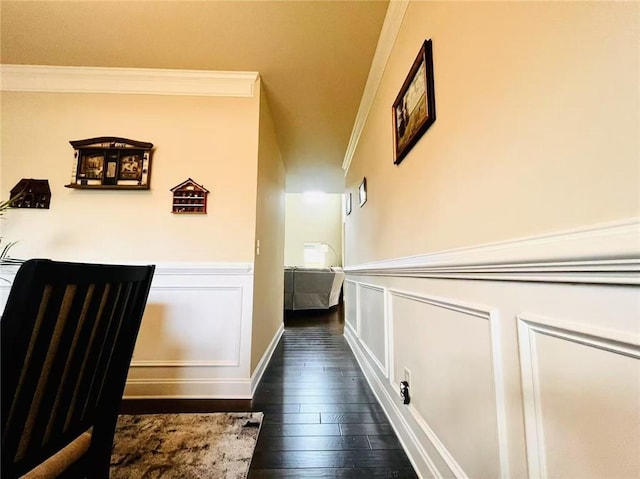 2579 Wimberley Pine Ct, Dacula, GA 30019 - hall featuring ornamental molding, a wainscoted wall, dark wood-type flooring, and a decorative wall