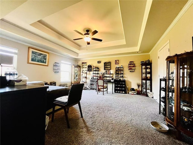 2579 Wimberley Pine Ct, Dacula, GA 30019 - office area featuring a raised ceiling, a ceiling fan, carpet, and crown molding