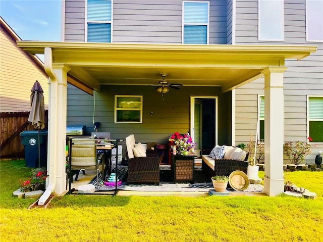 2579 Wimberley Pine Ct, Dacula, GA 30019 - rear view of property with ceiling fan, an outdoor living space, and a patio area