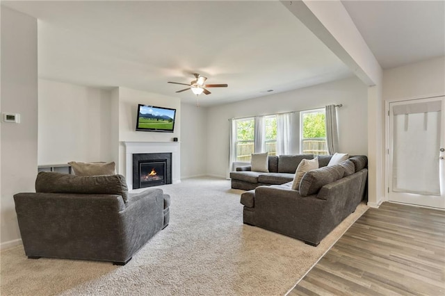 115 Copeland Bnd, Jasper, GA 30143 - living room featuring ceiling fan, a warm lit fireplace, baseboards, and wood finished floors
