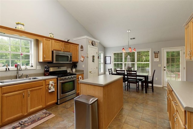 175 Prince Ct, Hiram, GA 30141 - kitchen featuring appliances with stainless steel finishes, a sink, lofted ceiling, a center island, and light countertops