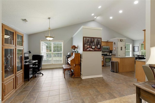 175 Prince Ct, Hiram, GA 30141 - home office featuring vaulted ceiling, baseboards, and recessed lighting